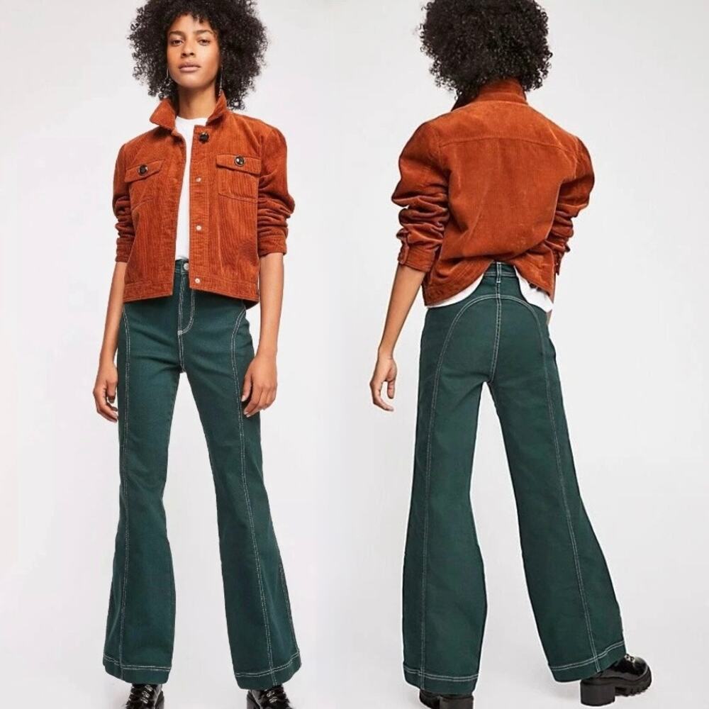 Free People High-Rise Foxy Flare Jeans Green Wide Leg Retro - Picture 2 of 16